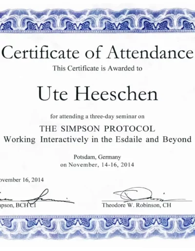 Zertifikate von Ute Heeschen, Hypnose Holstein, Borgdorf-Seedorf